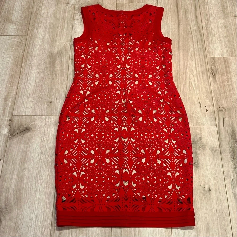 Tadashi Shoji Red Laser Cut Suede Sheath Knee Length Dress Size medium - Picture 3 of 16